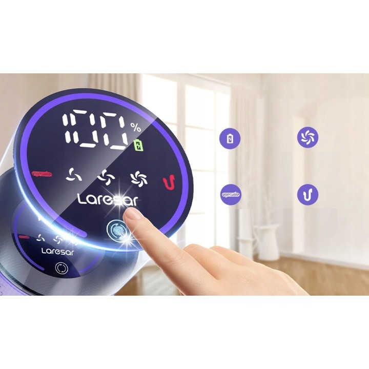 Вертикална безжична прахосмукачка Laresar V7, 50 kPa, 500 W, 2 HEPA филтъра, сива, 122x20x25 см