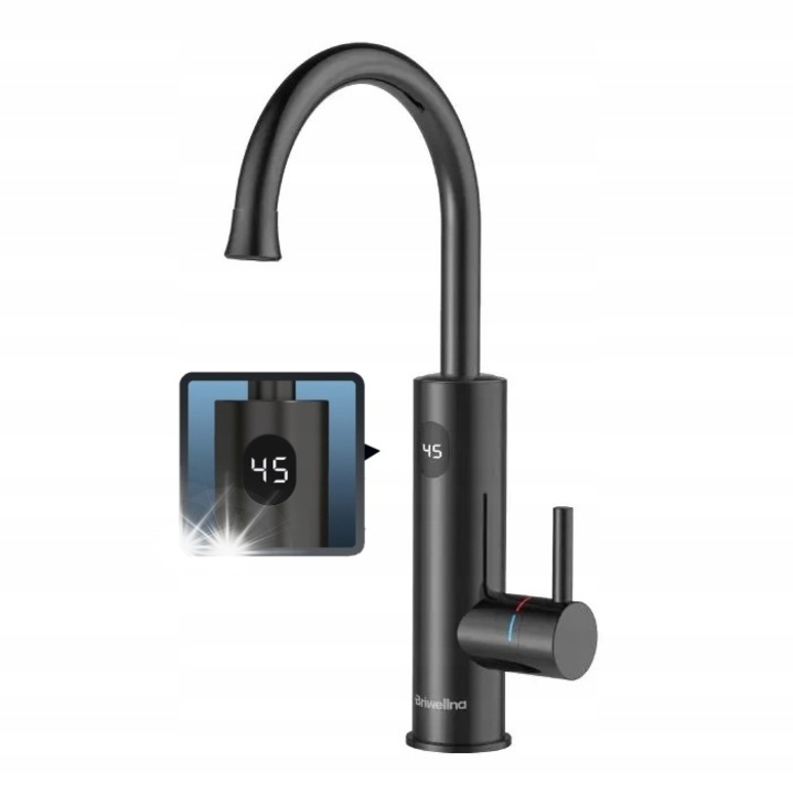 Konyhai csaptelep vízmelegítővel, 3200W, elegáns design, matt fekete, 360°-ban forgatható