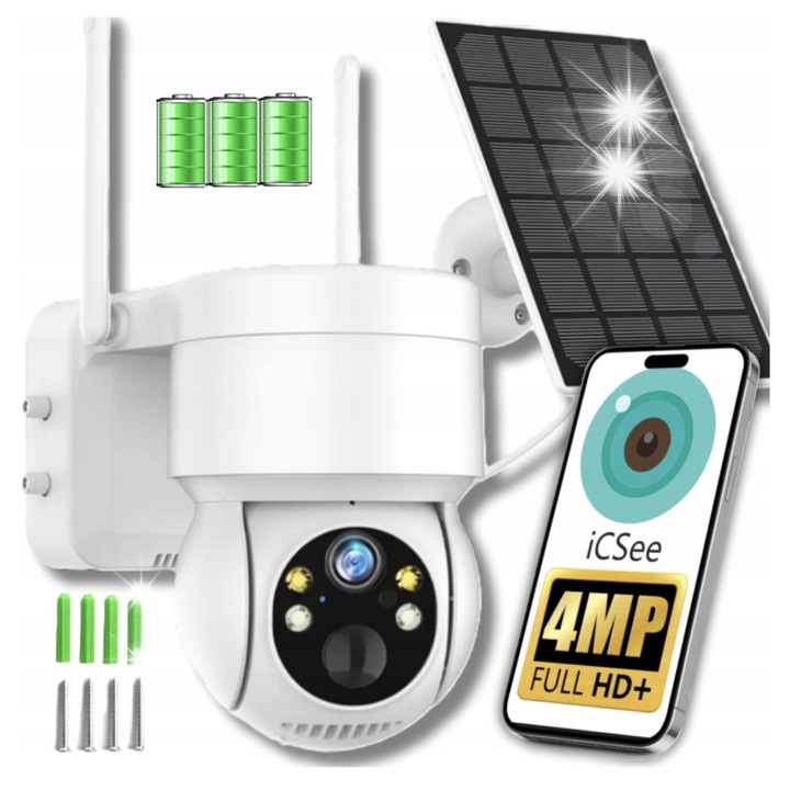 Ротационна соларна WiFi 4MP камера за наблюдение, Full HD+, с 7800mAh батерия, соларен панел, LED, пълен комплект