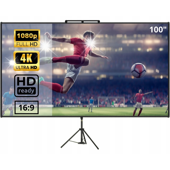 Екран за проектор 100 инча, 4K Full HD, 16:9, регулируем статив, 200-250 см, ъгъл на гледане 160°