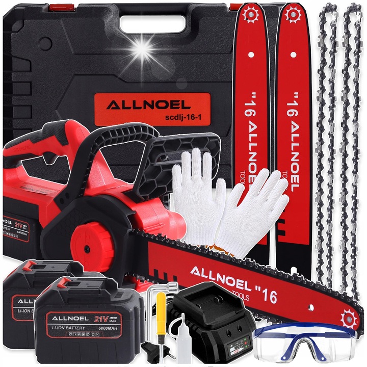 Elektromos láncfűrész, ALLNOEL, SCDLJ-16 modell, 2 db 6Ah akkumulátor, 16", 1400W, automata kenőrendszer, táskával