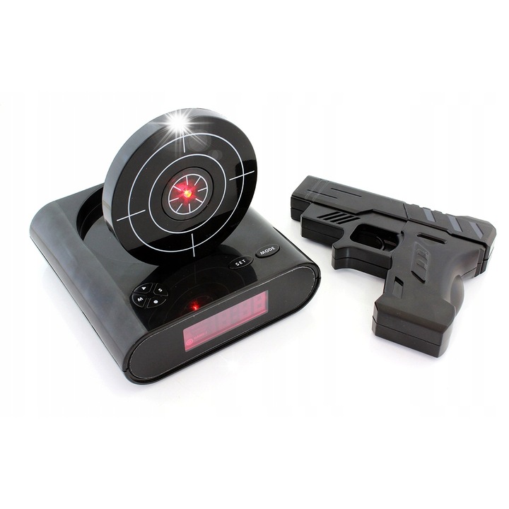 Aptel ébresztőóra, pisztolykészlettel, irritáló riasztással, fekete, 14,5x14x14cm