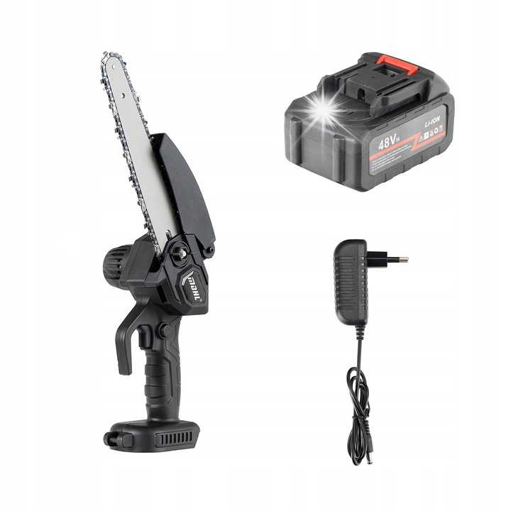 8 hüvelykes elektromos láncfűrész, MDHL, 48V, 6000mAh akkumulátor, fekete, teljes készlet