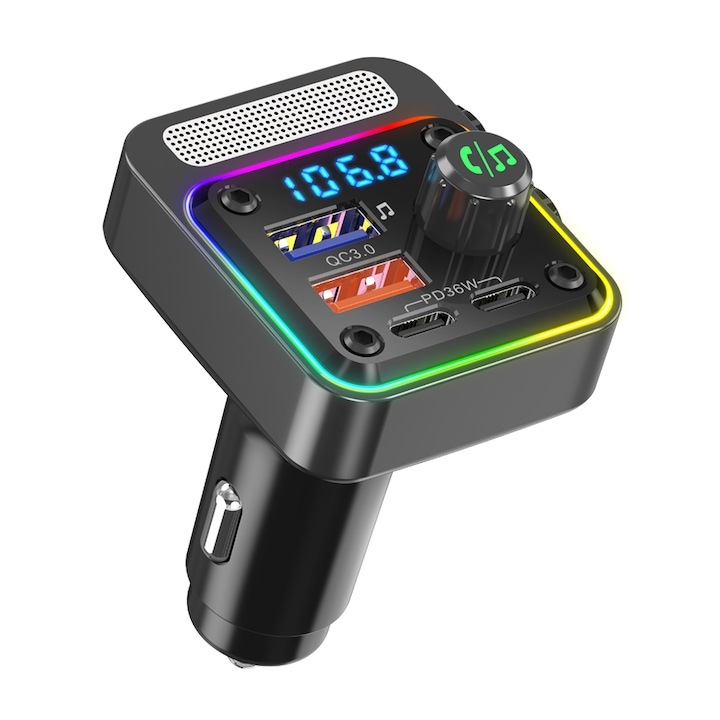 TFEHRUN® Bluetooth 5.0 FM modulátor, FM adó autós töltő funkcióval, gyorstöltés, 4 töltőport, digitális kijelző, univerzális kompatibilitás 12V, 24V