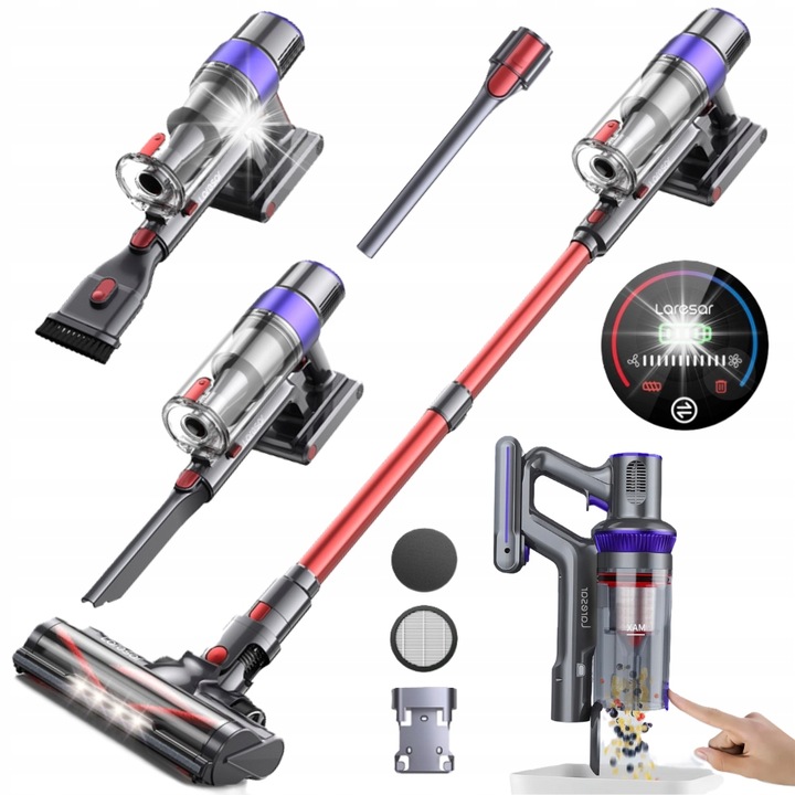 Вертикална безжична прахосмукачка Laresar V8, 500W, HEPA филтрация, червена, комплект с аксесоари