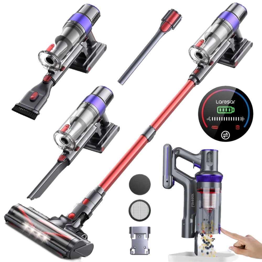 Aspirator vertical Laresar V8, 500W, 7 trepte filtrare HEPA, rosu, set cu accesorii