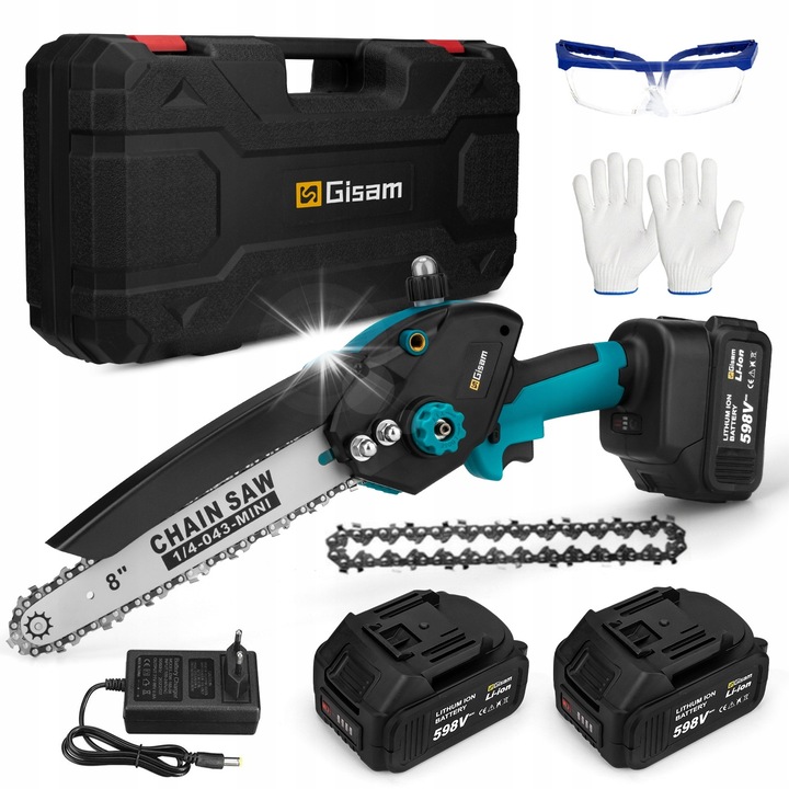 Elektromos láncfűrész, Gisam, 8", kefe nélküli motor, 2 akkumulátor, 7500 mAh