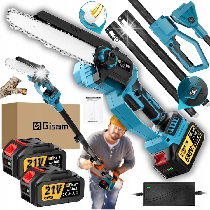 Gisam láncfűrész, 8", 2 db 4,0 Ah akkumulátor, vágás 30 cm-ig, 1,4-2,4 m