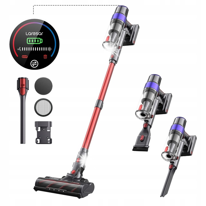 Вертикална прахосмукачка Laresar V8, 48Kpa, 500W, червена, безжична, с HEPA филтър