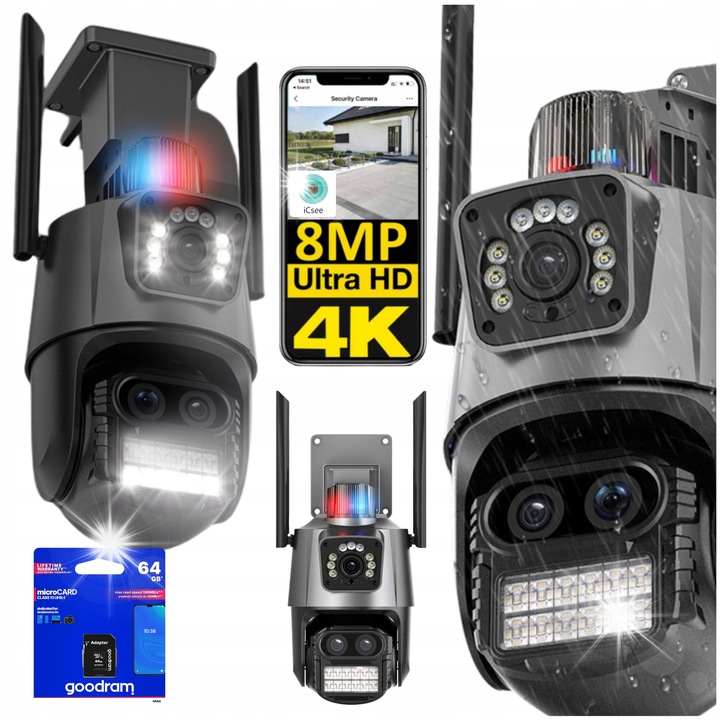 8MP въртяща се IP камера за наблюдение, 3 обектива, детекция на движение, аларма, устойчива на атмосферни влияния, 12V, пълен комплект