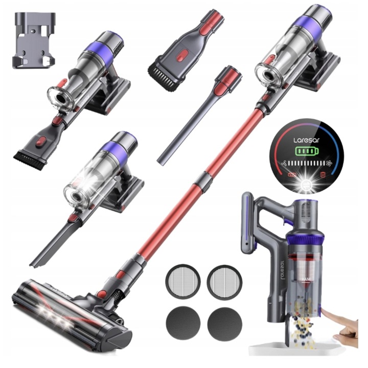 Безжична прахосмукачка Laresar Elite 8 V8, 500W, 48000PA, 2 HEPA филтъра, 1,5L, 122x20x25см