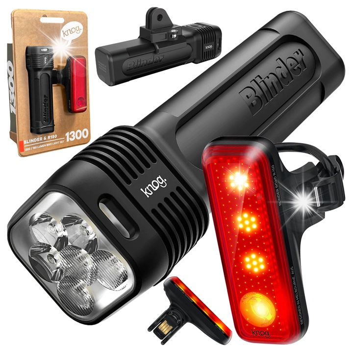 Комплект светлини за велосипед Knog Blinder Pro 1300 USB-C + R-150, 1300 лумена, 150 лумена, водоустойчиви, размери 110x32x32 мм, 51x44x77 мм