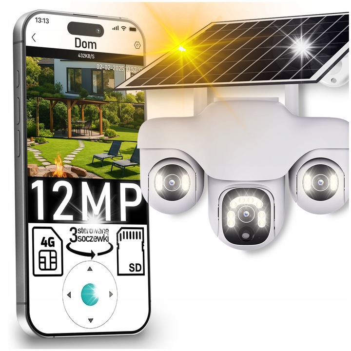 Слънчева камера за наблюдение с 3 въртящи се обектива, 4G LTE, 12MPx, IP66, контрол чрез приложение