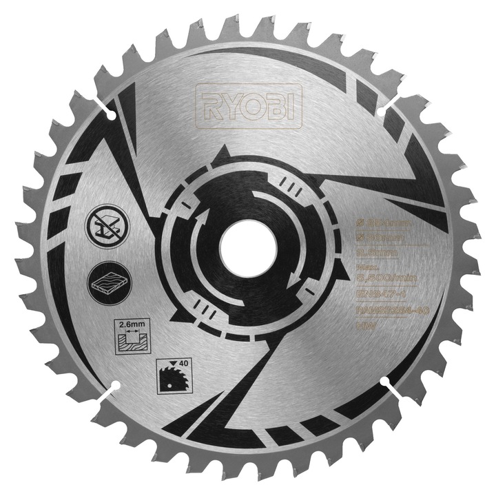 Lama ferăstrău RYOBI 254mm 40 dinți, tăiere înclinată, calibru 30mm, grosime 2, 6mm
