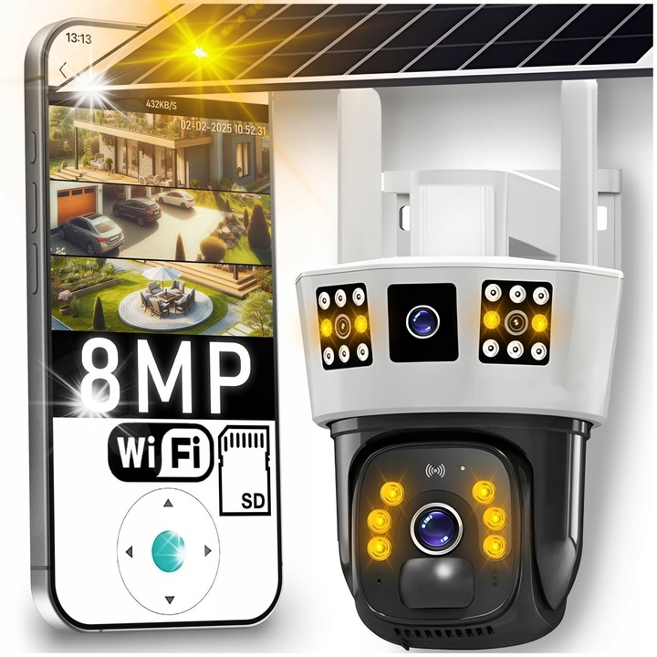 4K соларна камера за наблюдение с два обектива, 8MP, въртяща се, WiFi, 350x90°