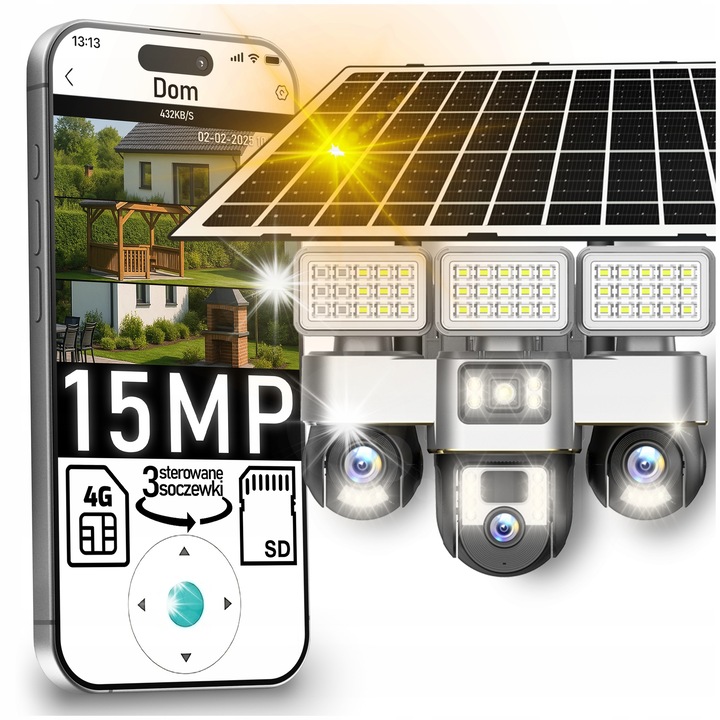 Camera de supraveghere CCTV, HexaEye, doua camere, 10MP 4K ULTRA HD, Zoom 50X, panou solar dublu 9600mAh, doua optiuni de conexiune 4G sau WIFI, Night Vision, Vedere panoramica 360, Detectare AI, Comunicare bidirectionala