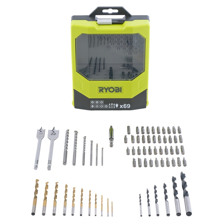 Set mixt 69 bucăți biti și burghie RYOBI, diverse dimensiuni, multicolor