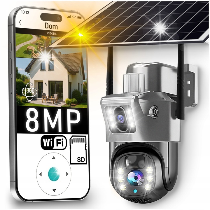 4K соларна камера за наблюдение с двоен обектив, детекция на движение, ротационна, 8MP, WiFi, IP66