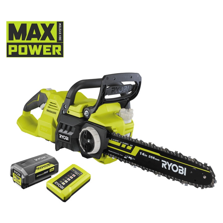 Fierăstrău cu lanț RYOBI 36V, motor fără perii, lamă 35cm, sistem de frânare rapidă, anti-vibrație