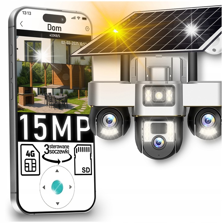 Соларна камера за наблюдение с 3 въртящи се обектива, 4G LTE, 15MPx, IP66, захранване от соларен панел