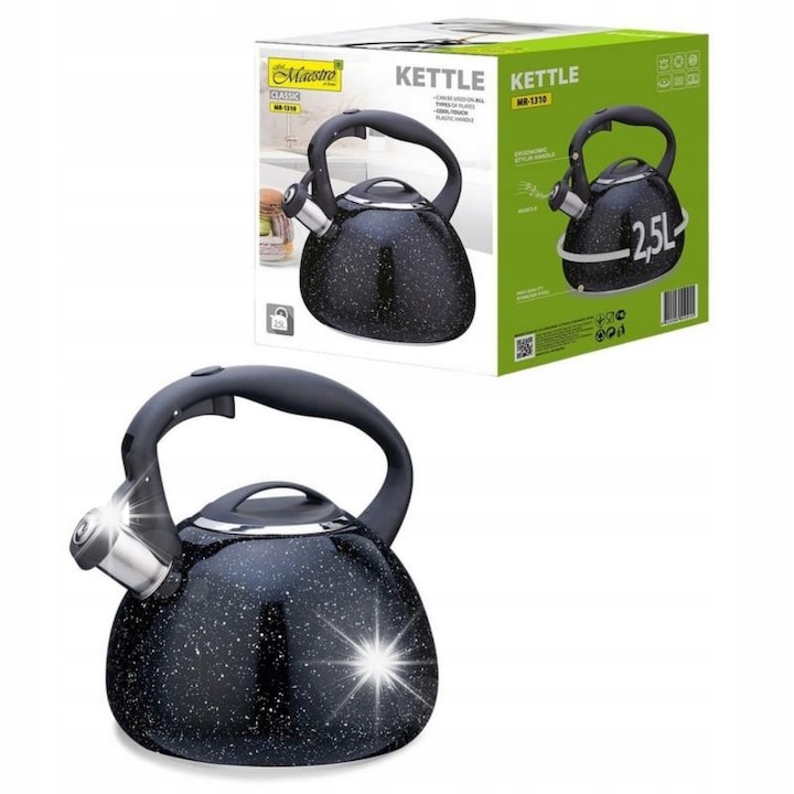 Чайник неелектрически Maestro MR-1310 2.5L, инокс, черен, със свирка, за всички видове котлони