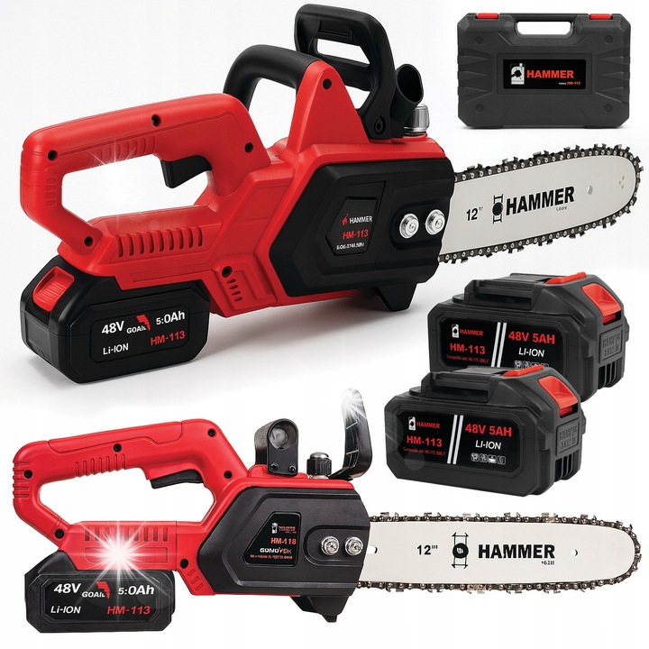 Hammer láncfűrész, 12", 2 db 48V 5.0Ah akkumulátor, 3.2kg súly, automata kenőrendszer