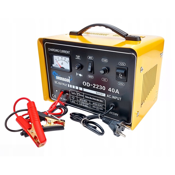 Redresor auto Ondragon 40A 12/24V cu functie de pornire, 30-300Ah, metalic