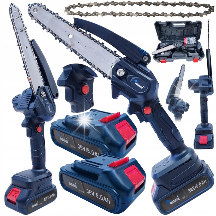 Ondragon 8" elektromos láncfűrész, 2x 36V 5000mAh akkumulátor, komplett készlet