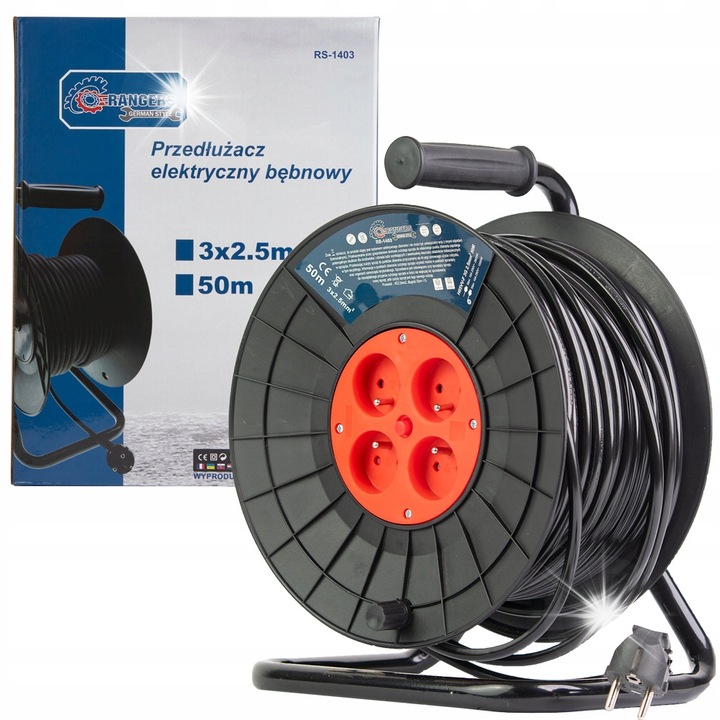 Удължител на макара, Rangers, 50м, 4 контакта 230V, черен