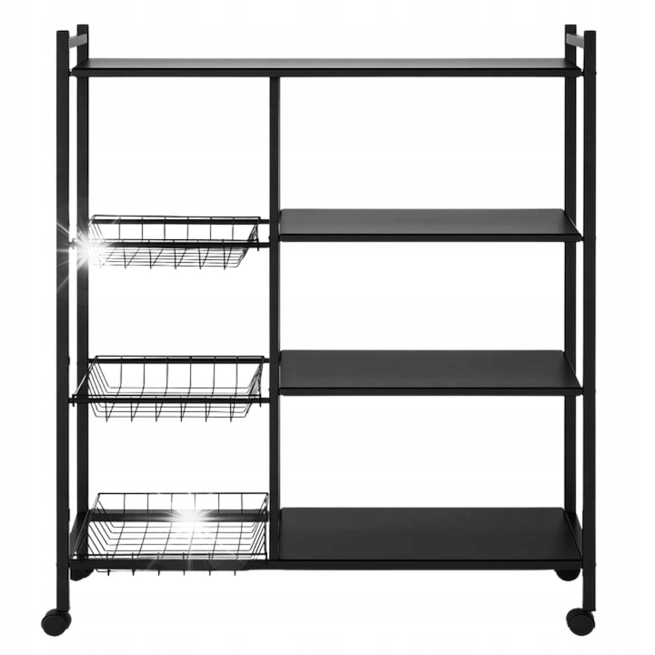 Мобилна етажерка на колела, 4 нива, черна, с 3 кошници и рафтове, органайзер за кухня, баня, офис