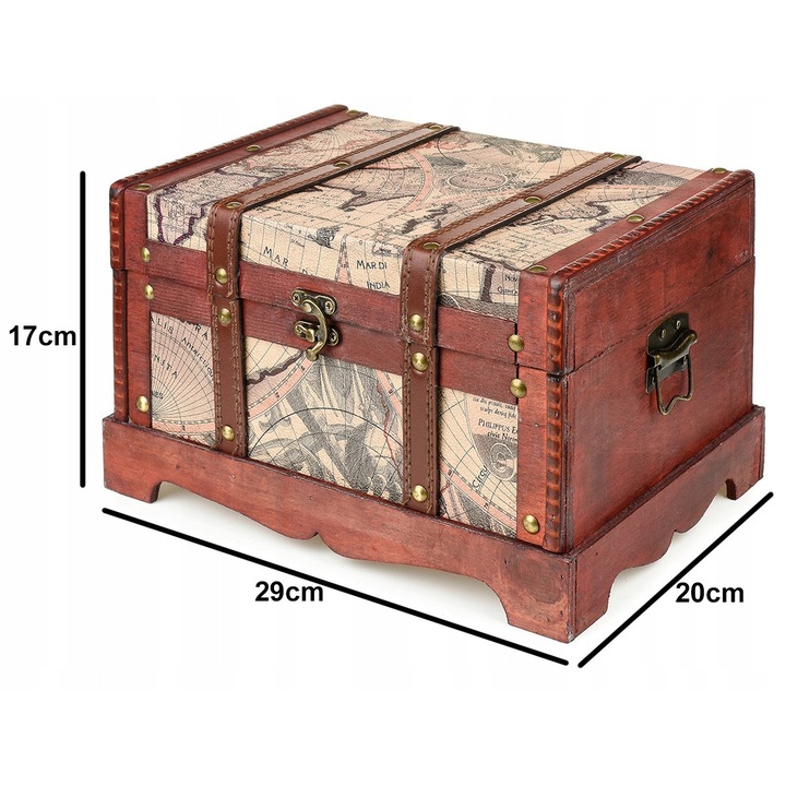 Дървен сандък, 30x20x15см, с капак и катинар, ретро дизайн, кафяв
