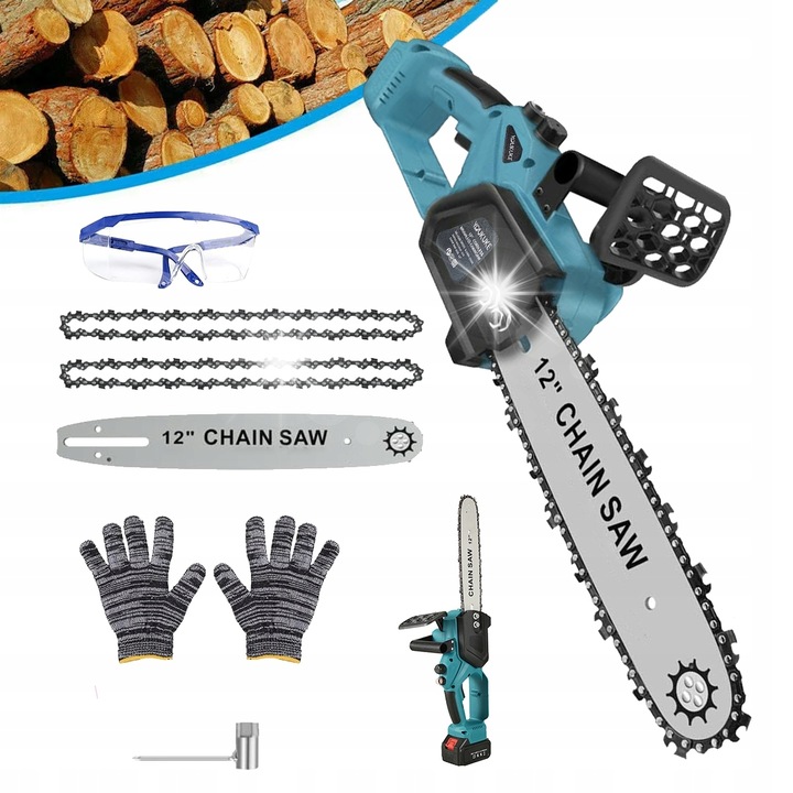 21V-os akkumulátoros láncfűrész, 4 hüvelykes, 2 akkumulátor, 3 lánc, komplett készlet, könnyű és hordozható
