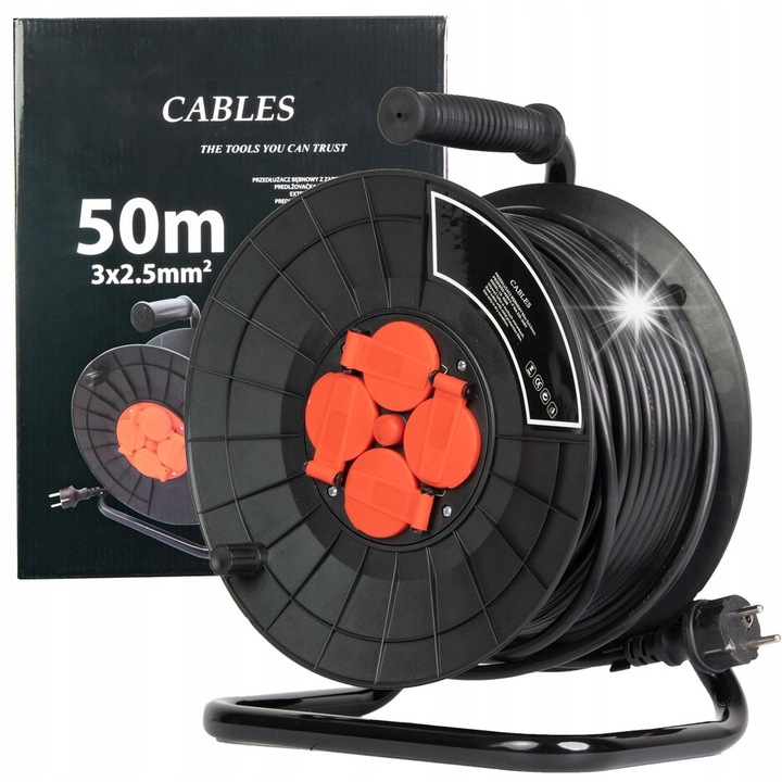 Удължител на макара 50м, 3x2,5мм, 4 контакта 230V, черен, IP44