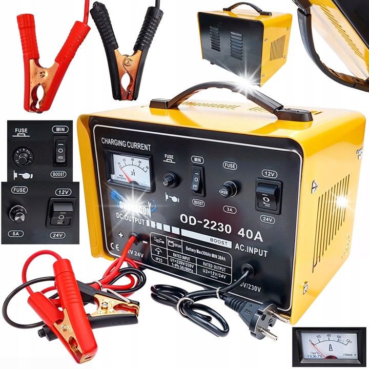 Autós töltő 12/24V indító funkcióval, 40A, 30-300Ah, fém, kábelekkel együtt, akkumulátor töltéshez