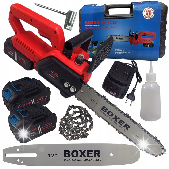 Láncfűrész BOXER BX-3312, 2 x 36V 6Ah, 12", komplett készlet