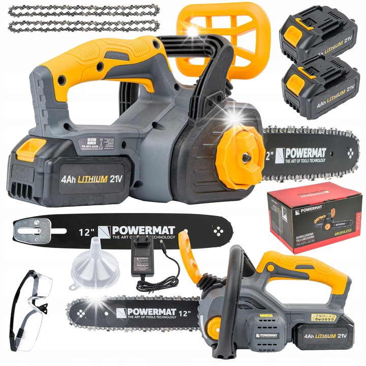 POWERMAT láncfűrész, PM-MPA-4AHM modell, 2x 4Ah akkumulátor készlet, 2x 12" lánc, 12" (305mm)