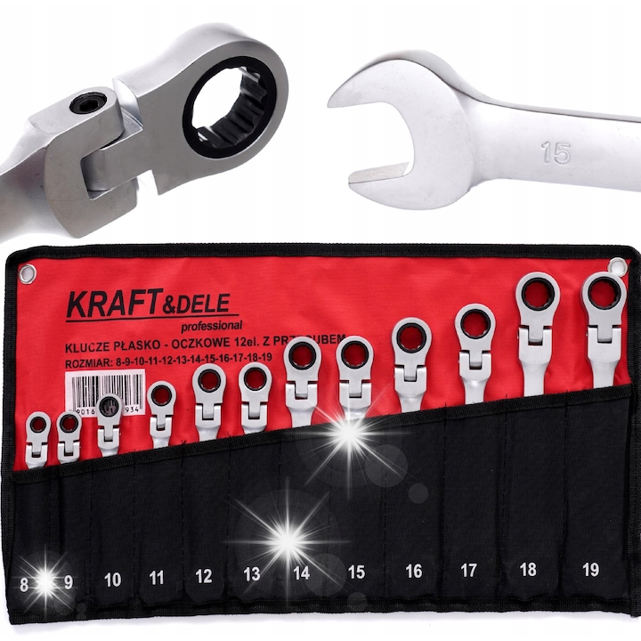 Set chei plasko-oczkowe cu grzechotka, 12 piese, 8-19mm, Kraft&Dele