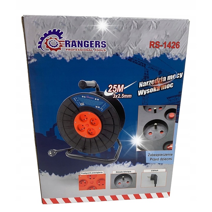 Удължител 25м 3x2,5мм с 4 контакта, IP20 защита, PVC кабел, за строителство и градина