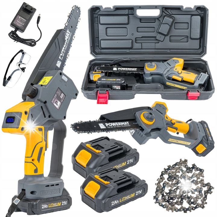 Láncfűrészek POWERMAT, PM-MPA-2AHM modell, 2x 2Ah akkumulátor, 8" hosszúság, teljes készlet