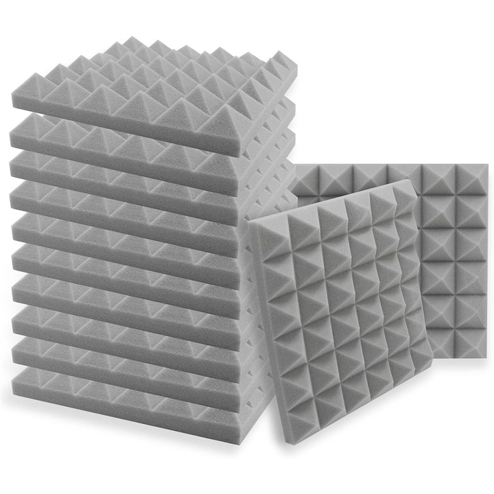 Set 12 panouri acustice, fonoabsorbant 30x30x5 cm, burete acustic & izolator fonic pentru studio de inregistrare, camera TV, camera copiilor, birou si podcast, gri