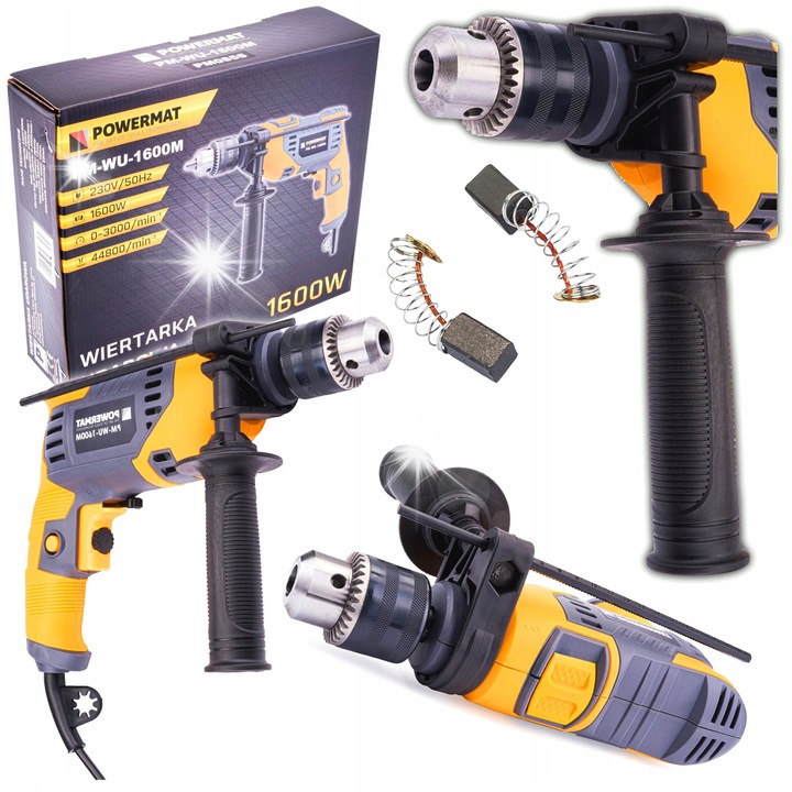 Електрическа бормашина POWERMAT 1600W, 13мм, 25мм за дърво, 10мм за стомана, 1.6кг