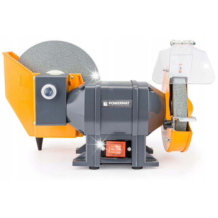 Настолна шлайфмашина POWERMAT 1850W, 2x диска 150x20mm и 200x40mm, метална, пълен комплект