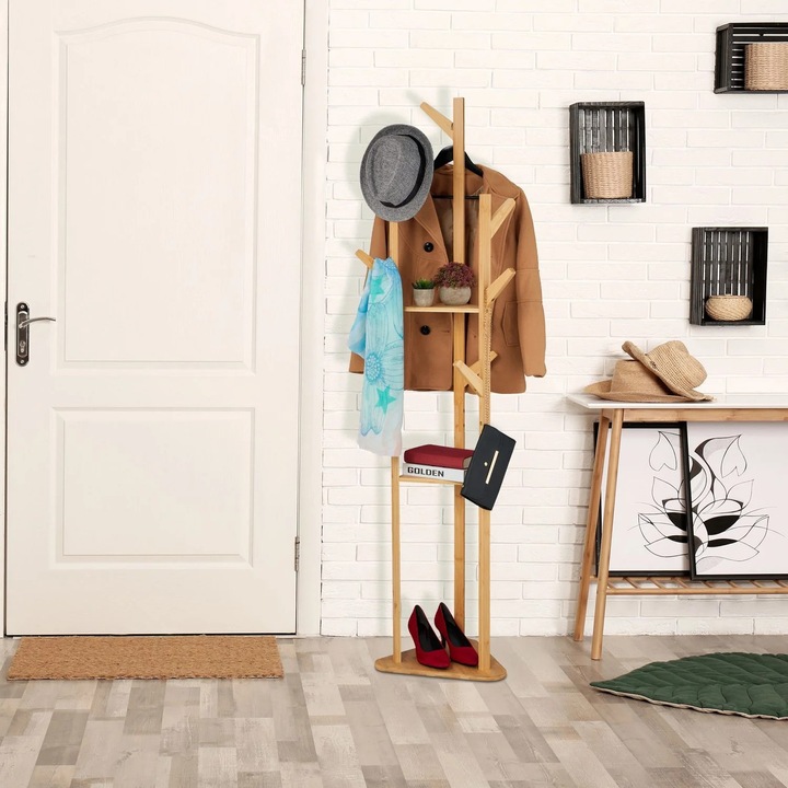 Northix bambusz ruhatartó állvány 9 akasztóval és 2 polccal, háromszög alakú, természetes felület