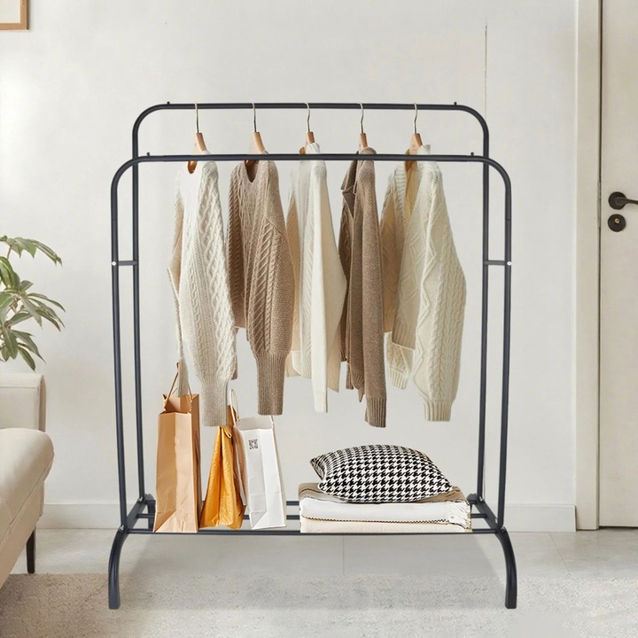 Стойка за дрехи Northix с 2 релси, долен рафт, желязо, свободностоящ дизайн