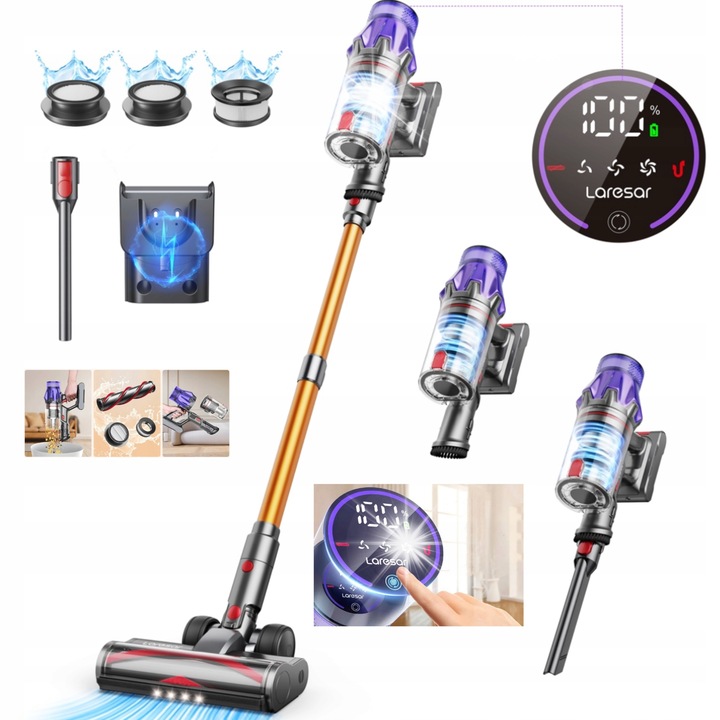 Безжична прахосмукачка Laresar V7, 500W, 50.000 Pa, HEPA, 60 мин, пълен комплект