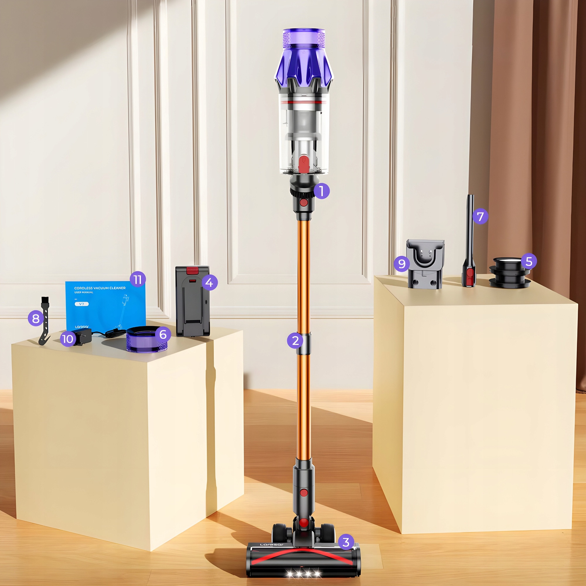 Aspirator vertical fara fir Laresar V7, 550W, filtr HEPA, 1,5l, accesorii incluse