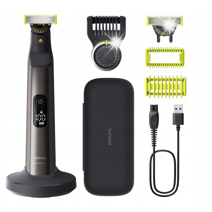 Тример Philips OneBlade Pro QP6652/61, 20 настройки на дължината, черно-зелен, пълен комплект