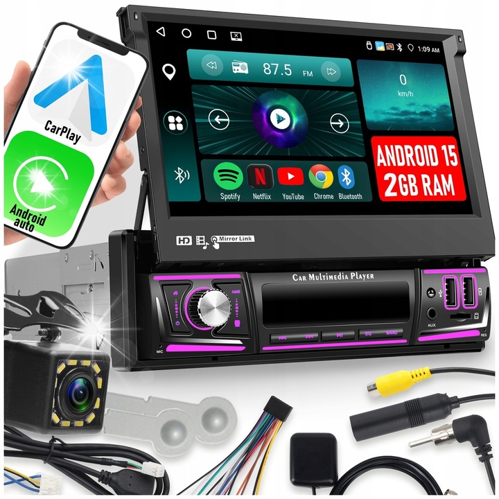 Радио за кола 1 DIN ALLNOEL, Android 15, 7", 2GB RAM, включена камера за заден ход, WiFi, RDS