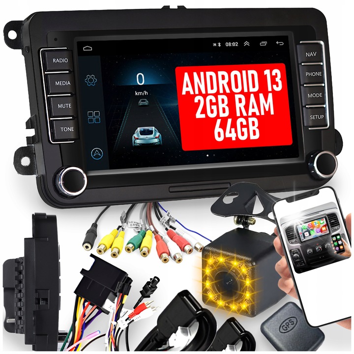 Автомобилно радио 2DIN Android 12, 7", 2GB RAM, 32GB ROM, Carplay, WiFi, с камера за заден ход, за VW, Skoda, Seat