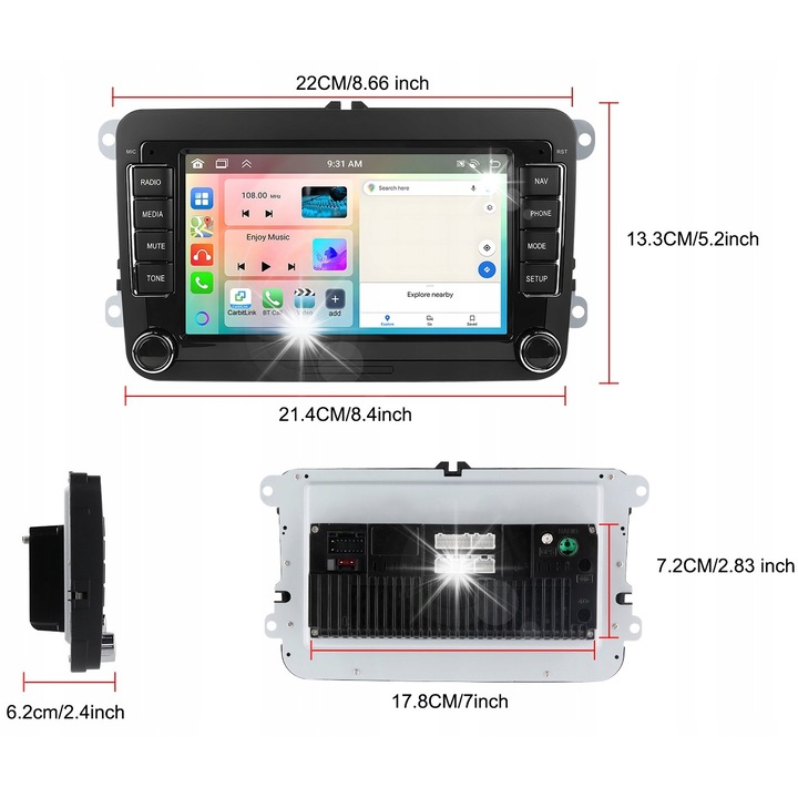 Автомобилно радио ALLNOEL 2 DIN Android 13, 7" тъчскрийн, 4GB RAM, 64GB ROM, камера за заден ход, WiFi, GPS, за Volkswagen, Skoda, Seat